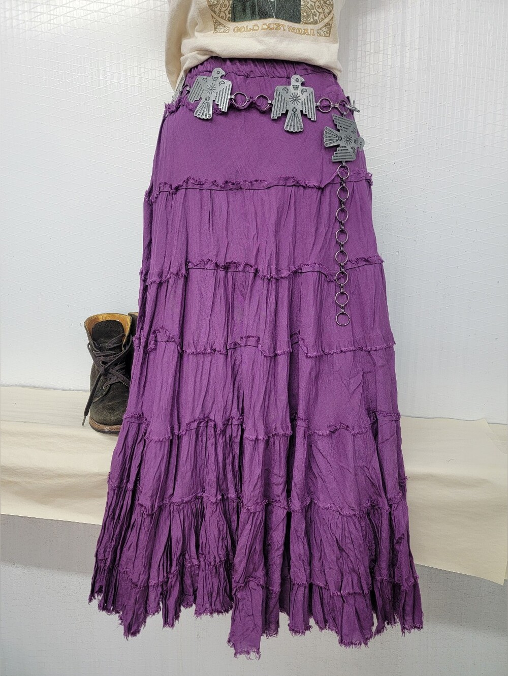 Bohemian Cottage Gypsy Tiered Crinkle Maxi Skirt - Picture 2 of 7